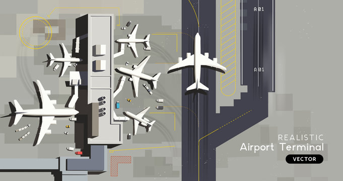 A top aerial view of an airport terminal with arrival and departure commercial airplanes. Logistics and travel vector illustration.Airplanes