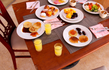 Breakfast on the table in summer.