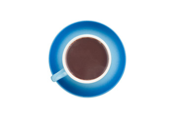 Single blue ceramic cup with handle full of hot fresh liquid chocolate on circle saucer isolated on...