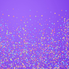 Festive confetti. Celebration stars. Colorful stars on bright purple background. Charming festive overlay template. Amazing vector illustration.