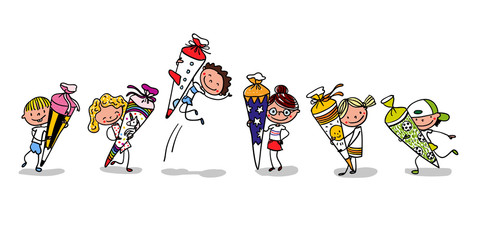 Erster Schultag - First Day of school - Erstklässler mit Schultüten freuen sich über Einschulung handgezeichnet- Querformat Karte Banner