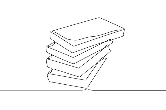 Stack of closed books drawing in style of one line. Black contour picture. Isolated on white background. Self drawing