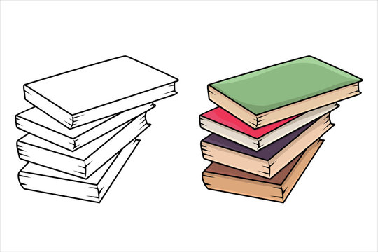 Two images of stack of books in different style black outline path and colored cartoon isolated on white background. Template for coloring book
