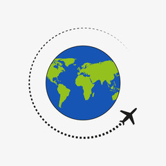 Flying Plane. The path Plane. Flying around the world. Flat vector illustration.