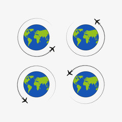 Flying Plane. The path Plane. Flying around the world. Flat vector illustration.