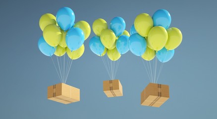 Three cardboard boxes sent by air with balloons. Air shipments to the whole world.