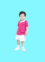 Closeup asian boy in sport wear uniform isolated on blue background