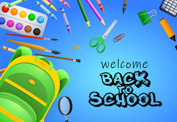 Welcome back to school lettering, paint brushes, scissors and backpack. Offer or sale advertising design. Typed text, calligraphy. For leaflets, brochures, invitations, posters or banners.