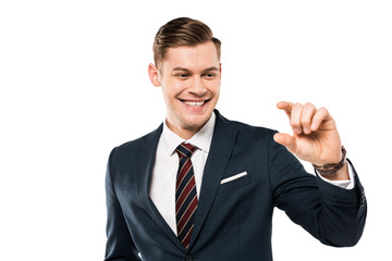 happy businessman gesturing and smiling isolated on while