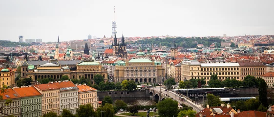 Foto op Plexiglas Panoramic top view of Prague old town with historic buildings and Vltava river, © Milan