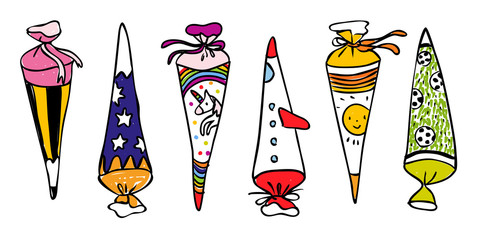 Erster Schultag - First Day of school - Fantasievolle Schultüten  zur Einschulung - Format: Karte Banner