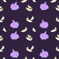 Vegetable pattern. Garlic on a dark background. Design for flyer, label, wallpaper, fabric..