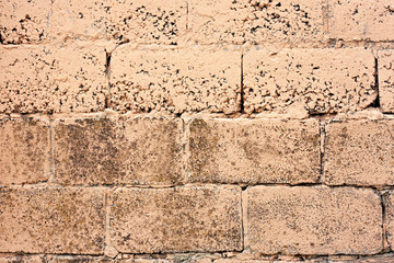 Brick wall fragment. Old dirty orange and red bricks with defects. Grunge texture with cracks and weathered