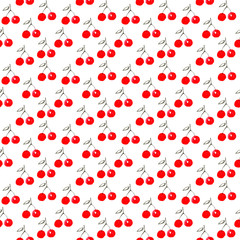 Hand drawn red color pattern. Ink sketch sweet cherry and green leaves. Summer berry background.