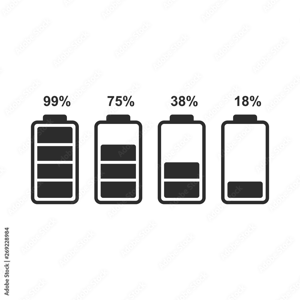 Poster Flat simple battery icons for interface design of various types of devices. Ready vector battery level indicators.