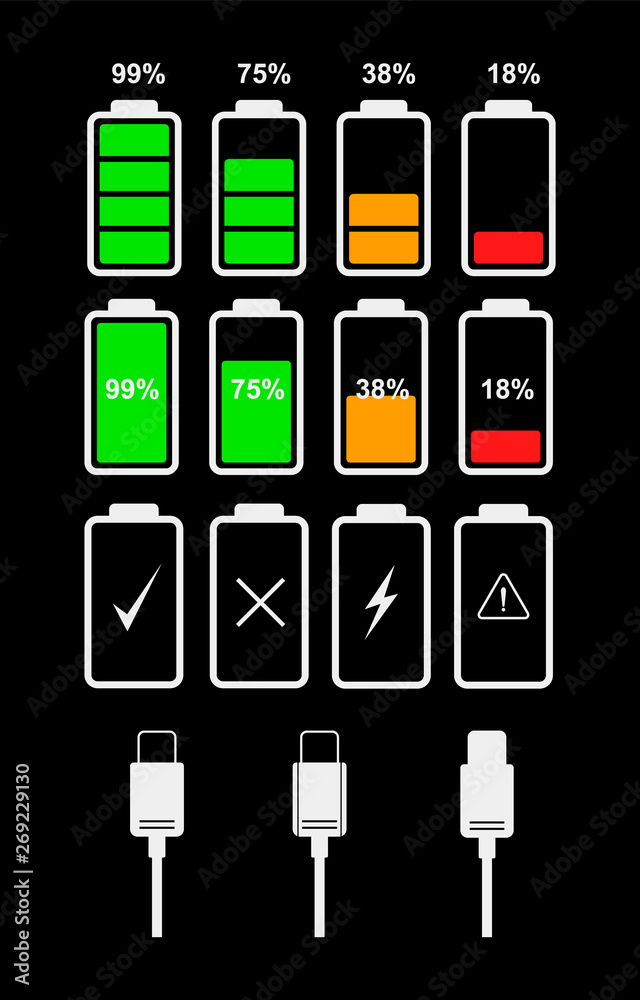 Aufkleber Set of vector icons of battery and type-c cable on dark background. Vector flat icons for interface design of smartphone, tablet and other devices.