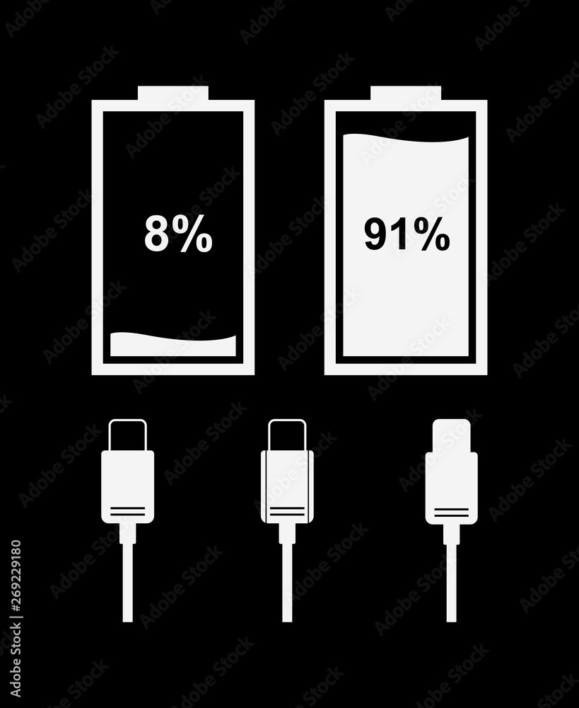 Aufkleber Set of vector icons of battery and USB cable for the interface of various types of devices.