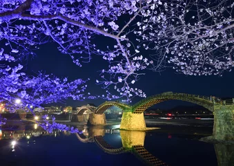 Papier Peint photo autocollant Le pont Kintai 錦帯橋と桜のライトアップ