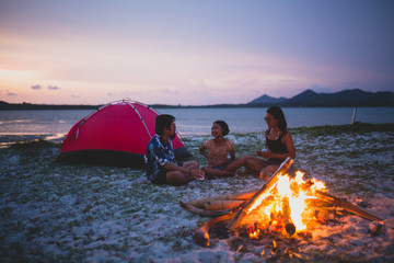 fire in fireplace family camping on the beach 