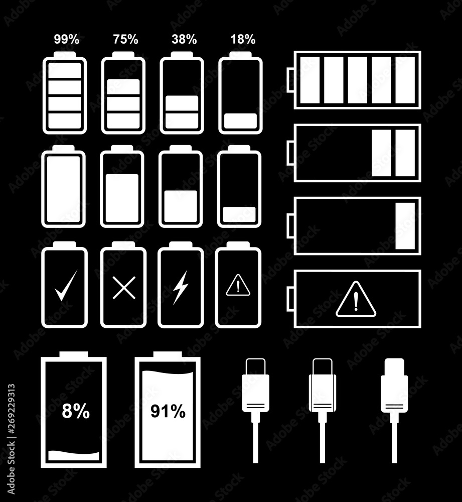 Poster Flat battery icons for interface design of various types of devices.