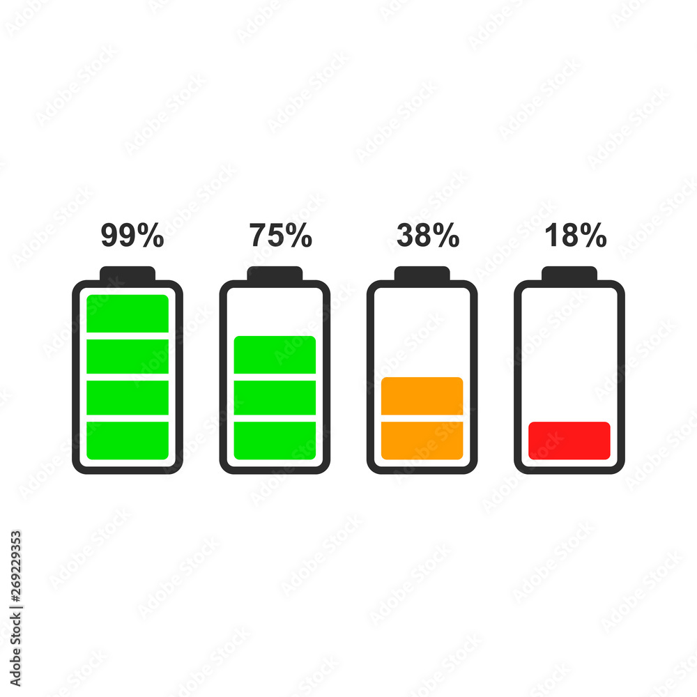 Poster Set of battery level indicator icons isolated on white background. Vector icon for ui design of phone, tablet and other devices.