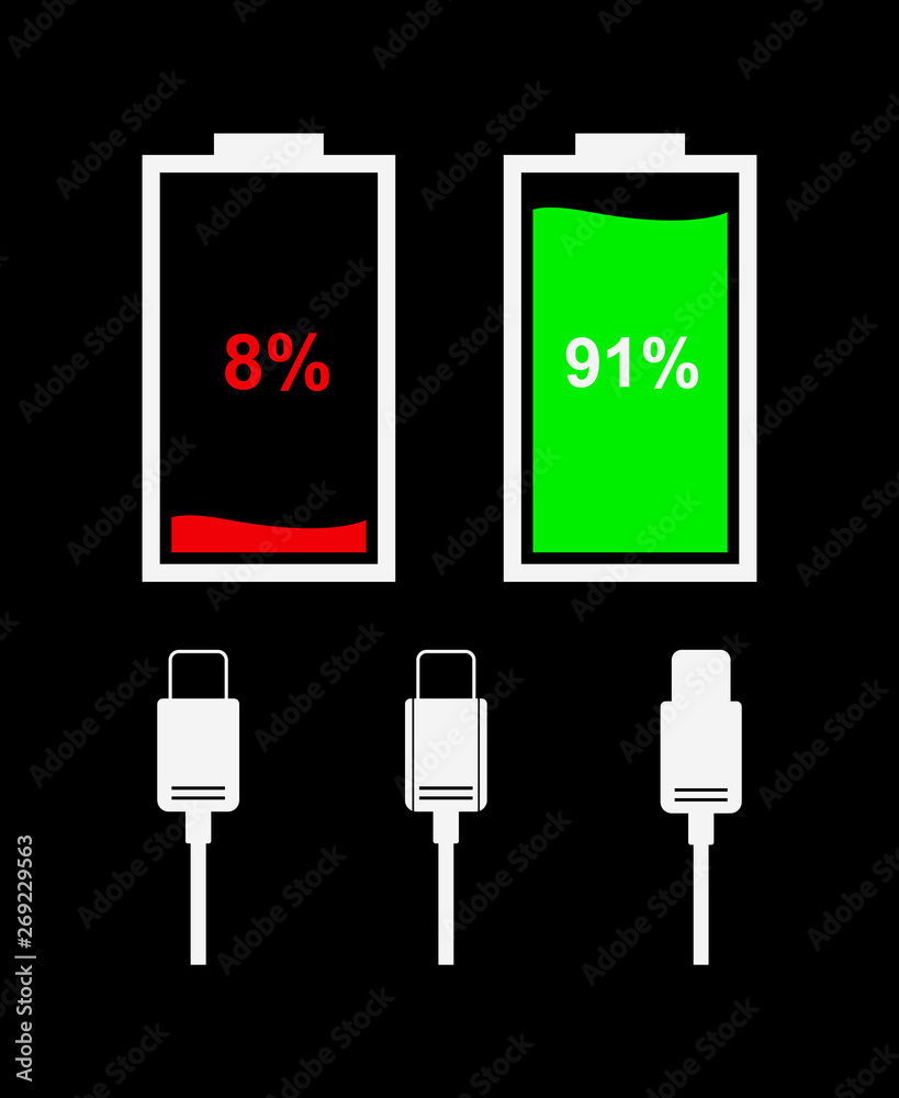 Poster Battery level indicator icons isolated on black background. Vector flat icons of battery and type-c cable.