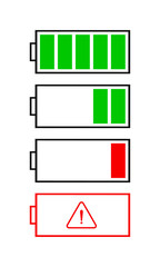 Set of flat battery icons isolated on white background. Vector, battery indicator icon for ui design.