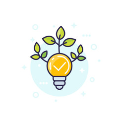 light bulb with green leaves, vector icon