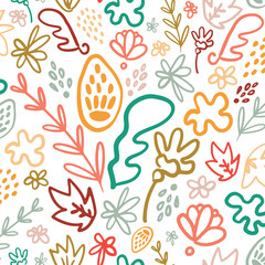 Bright colorful potpourri floral seamless pattern. Great for modern spring and children product design, fabric, wallpaper, backgrounds, invitations, packaging design projects. Surface pattern design.