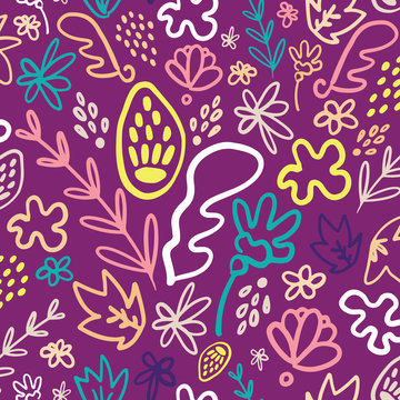 Purple Potpourri Floral Seamless Pattern. Great For Modern Spring And Children Product Design, Fabric, Wallpaper, Backgrounds, Invitations, Packaging Design Projects. Surface Pattern Design.