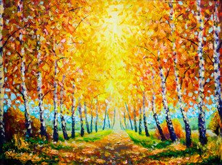 Herbstthema Malerei Öl - Allee der Bäume im Herbst - moderne Kunst Impressionismus abstrakte Landschaft Acrylfarbe Kunstwerk © weris7554