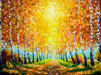 Herbstthema Malerei Öl - Allee der Bäume im Herbst - moderne Kunst Impressionismus abstrakte Landschaft Acrylfarbe Kunstwerk © weris7554