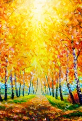 Schöne romantische Gasse in einem Park mit bunten Bäumen und Sonnenlicht. Herbst natürlicher Hintergrund Malerei Öl - moderne Kunst Impressionismus abstrakte Landschaft Acrylfarbe Kunstwerk © weris7554
