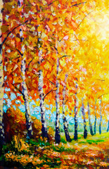 Ölgemälde – Herbstwaldlandschaft warmes Licht, das goldenes Laub beleuchtet – moderne Kunstimpressionismus abstrakte Landschaft Acrylfarbe Kunstwerk