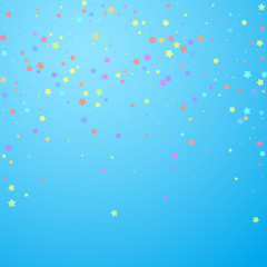 Festive confetti. Celebration stars. Colorful stars random on blue sky background. Eminent festive overlay template. Cute vector illustration.