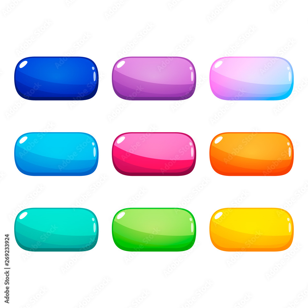 Wall mural set of nine colorful rounded rectangle glossy buttons. vector assets for web or game design, app but