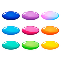 Set of nine colorful ellipse, oval glossy buttons. Vector assets for web or game design, app buttons, icons template isolated on white background.