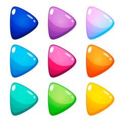 Set of nine colorful PLAY icons, triangle buttons. Vector assets for web or game design, app buttons, icons template isolated on white background.