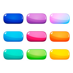 Set of nine colorful rounded rectangle glossy buttons. Vector assets for web or game design, app buttons, icons template isolated on white background.