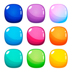 Set of nine colorful rounded square glossy buttons. Vector assets for web or game design, app buttons, icons template isolated on white background.