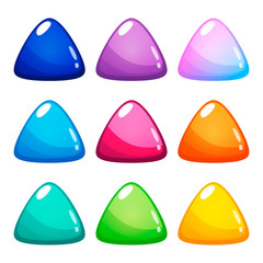 Set of nine colorful triangle buttons. Vector assets for web or game design, app buttons, icons template isolated on white background.