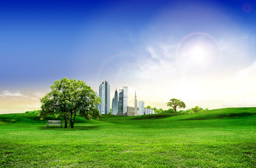 Buildings in green valley.