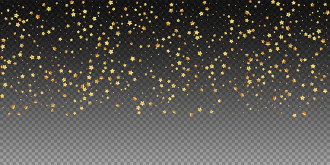 Gold stars random luxury sparkling confetti. Scattered small gold particles on transparent background. Bold festive overlay template. Unusual vector illustration.