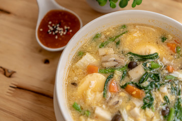 top view on Thai style sukiyaki with seasoning 