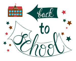 Back to school label, greeting card. Vector quote with arrow background, airplane.