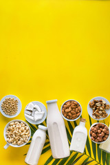 many kinds of vegetable milk in glass jars