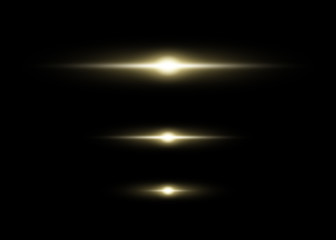 Set of yellow horizontal flashes. Sunrise. Abstract rays or lights. Vector elements on a black isolated background.