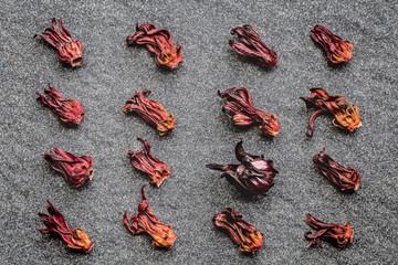 Pattern of Hibiscus dried flowers (roselle, karkade) and one fresh on black stone background.