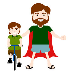 Super dad character with boy riding bicycle - Vector