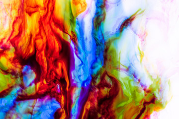 Watercolor and acrylic abstract. Colorful background. Mix, splashes and drawings of colors: red, yellow, blue, green, brown, white background